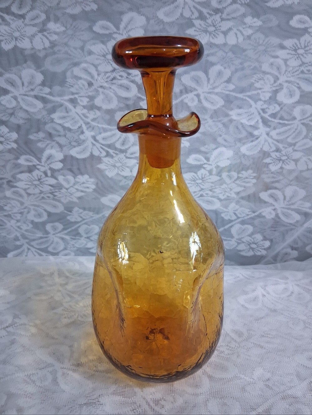 Vintage Blenko Honey Amber Pinched Crackle Glass Decanter 3 Lobe MCM - Picture 5 of 11